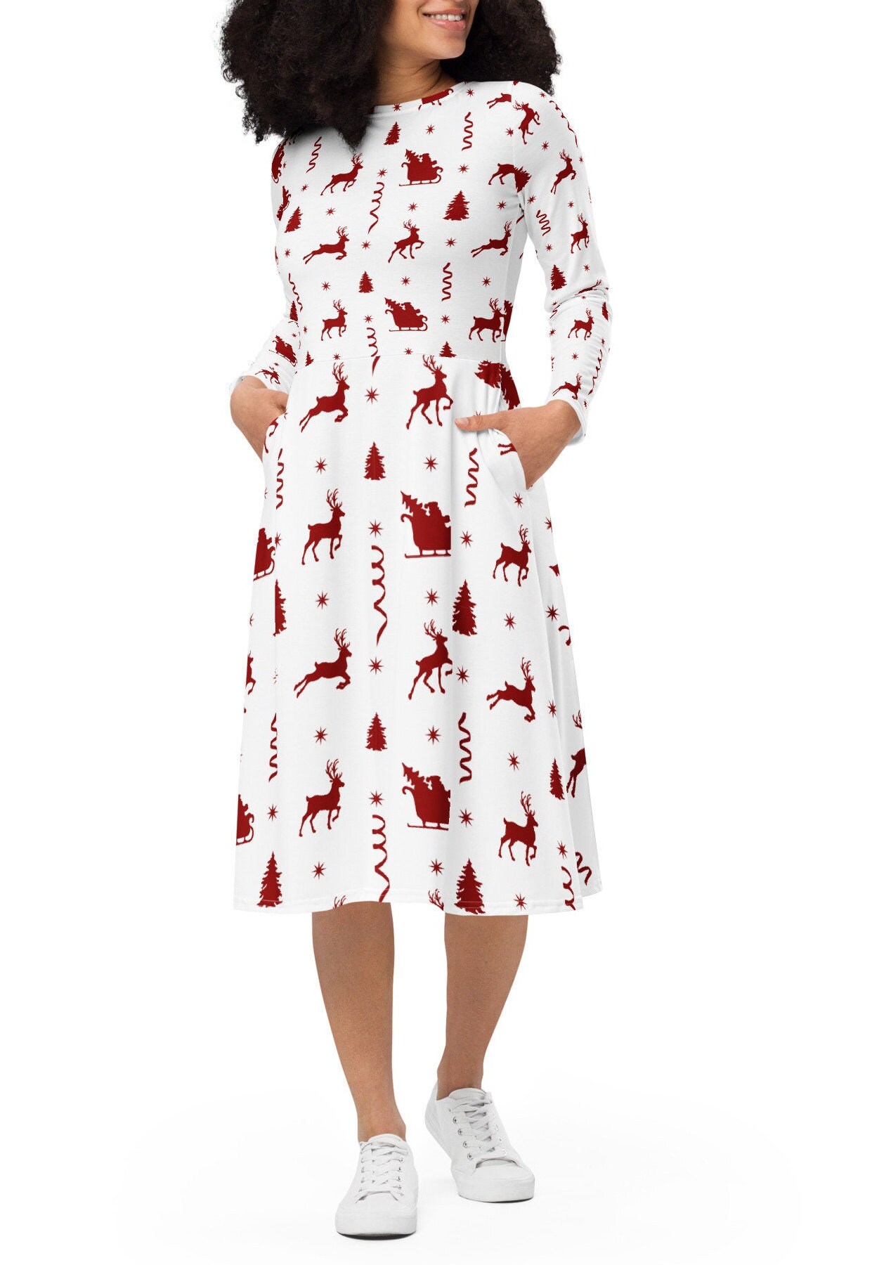 Long Sleeve Midi Dress With Pockets, Cute Christmas Dress for Women