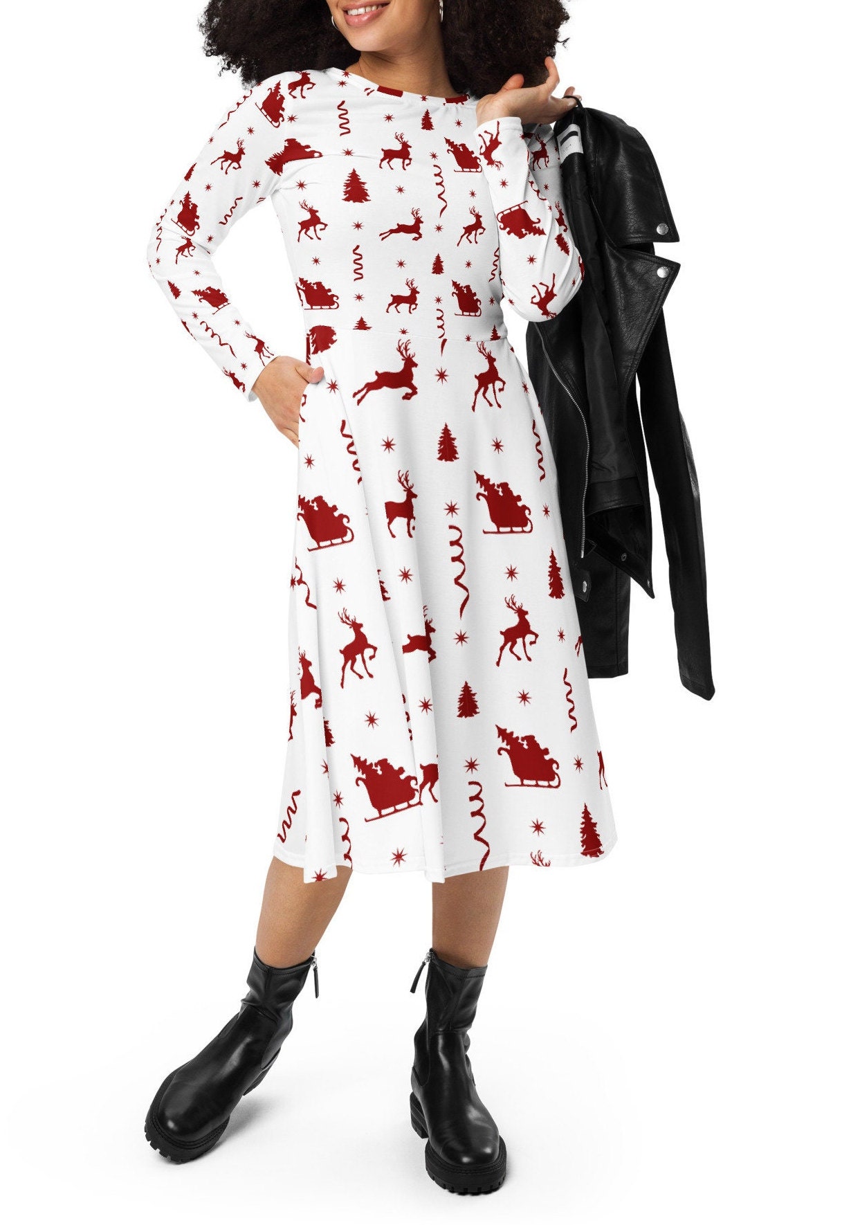 Long Sleeve Midi Dress With Pockets, Cute Christmas Dress for Women