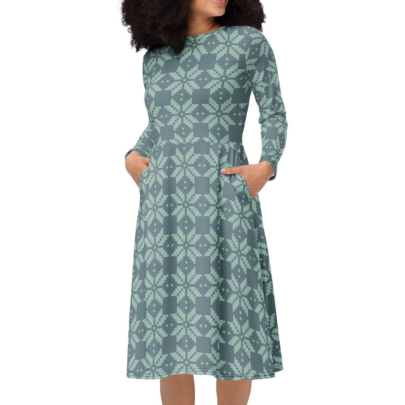 Women's Fall Midi Dress – Long Sleeve Pocket Blouson Style With Elastic Waist & Side Slits - View #6