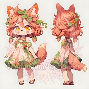 Cute Chibi style Kawaii Anime Girl with Fox Ears and Tails Digital