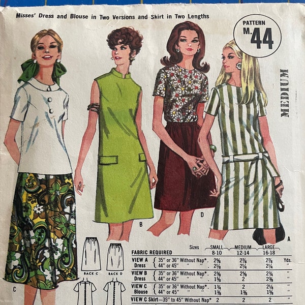 VINTAGE 1960s McCall's Misses Dress, Blouse, Skirt (size medium/bust 34-36)