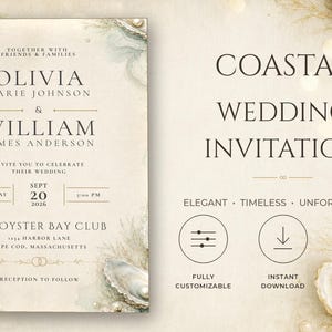 Coastal Wedding Invitation, Oyster Beach Neutral, Editable Canva Template (5x7 Instant Download)