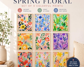 Set of 9 Spring Floral Prints, Colorful Botanical Wall Art (Digital Download)