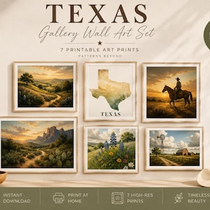 Texas Painterly Gallery Wall Art Set | 7 Vintage Texas Fine Art Prints | Ranch Bluebonnet Map Wall Art | Digital Download