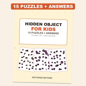 Puede incluir: Un documento digital titulado HIDDEN OBJECT FOR KIDS con 15 PUZZLES + ANSWERS. La página muestra tres tarjetas rectangulares con iconos de color morado oscuro de paraguas, estrellas, corazones, flores y soles. Texto: US Letter + A4.