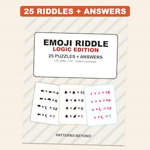 May include: A digital document titled EMOJI RIDDLE LOGIC EDITION with 25 PUZZLES + ANSWERS. The page features three cards displaying math equations using emojis like fish, umbrellas, coffee mugs, stars, lightning bolts, and planets to solve for values.