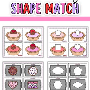 May include: A Valentine's Day themed educational activity set with the text "Shape Match". The set includes illustrated cards with shapes and matching images of desserts, such as tarts and cookies. The set includes 40+ pages and 5+ activities.