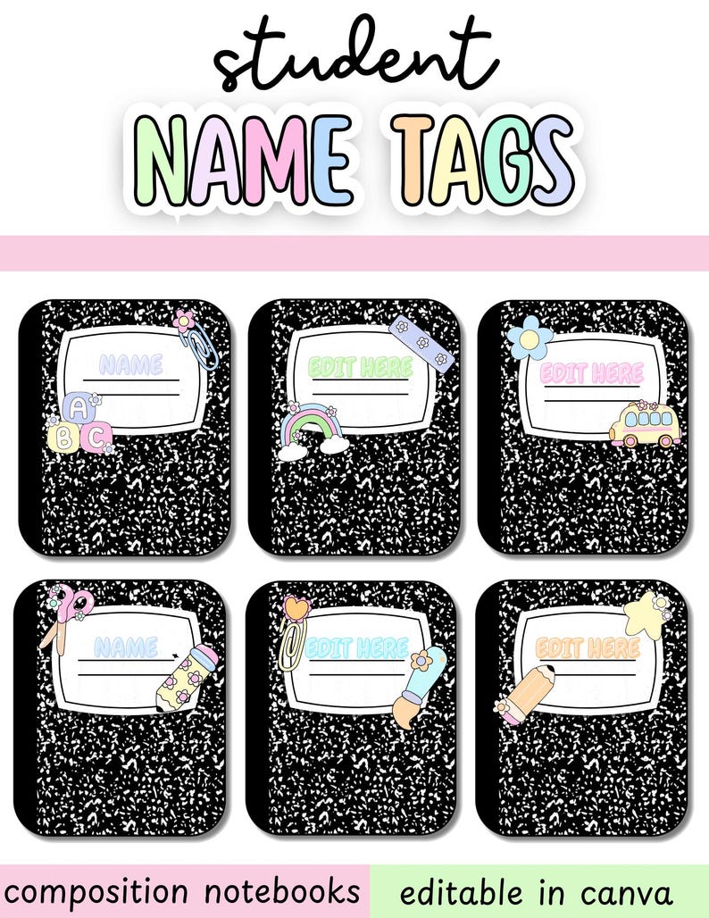 Editable Composition Notebook Name Tags | Personalized Student Desk ...
