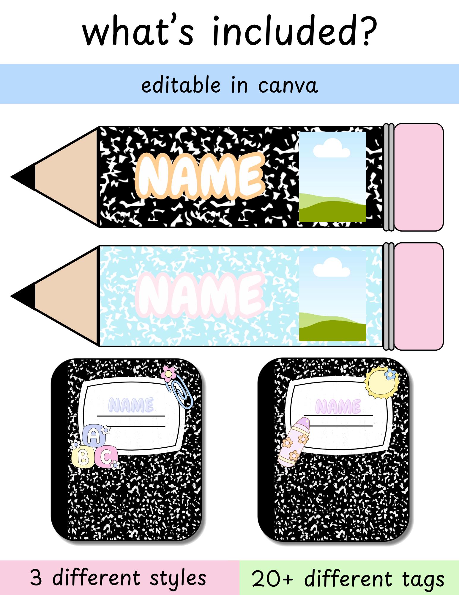 Editable Composition Notebook Name Tags | Personalized Student Desk ...