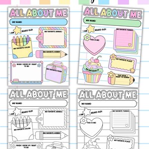 Peut inclure: Quatre affiches imprimables All About Me avec des arrière-plans de papier ligné. Deux affiches sont en couleur avec des illustrations pastel de crayons, un cupcake et des crayons à papier, et deux sont des versions en noir et blanc.