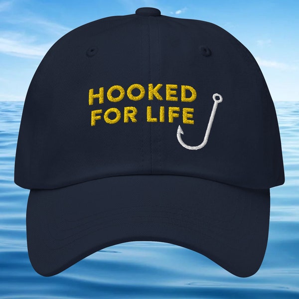 Hooked For Life Dad Style hat, Fishing, Flyfishing, Fly, Lure, Hook, Bass, Catfish, Fisherman, Boat, Yacht Club, Fly, Reel, Angling