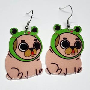 Pug Dog with Froggy Hat Fun Earrings