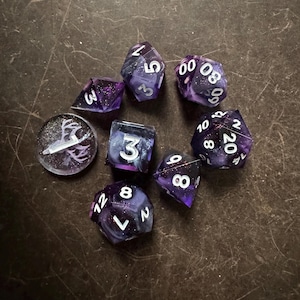 Handmade Resin Dice Set, “Dark Matter”, RPG dice set of 8, DnD gifts for dungeon master, gaming accessories, nerdy gifts, ttrpg accessories