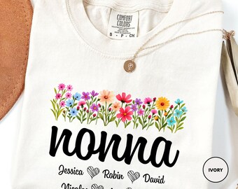 Custom Nonna Shirt Personalised Grandkids Name Tee Wildflower Nonna Gift Custom Grandma Shirt Floral Grandmama T-Shirt Grandkids Gift