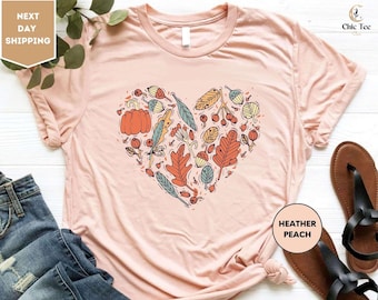 Fall Heart Shirt, Pumpkin Heart Shirt, Floral Heart Shirt, Fall Tshirt, Autumn Vibes, Autumn Shirt,Fall Shirt For Women,Fall Halloween Shirt