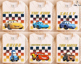 Disney-Schachbrettmuster-Cars-Shirt, Retro-Pixar-Cars-T-Shirt, Disneyland-Familienausflugs-Shirt, Retro-McQueen, Sally-Carrera-Doc-Hudson-Shirt