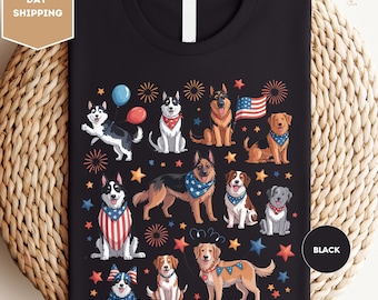 Patriotisches Hunde-Shirt zum 4. Juli, Amerikanische Hunde-Shirts, USA-Hunde-Shirt, USA-Flaggen-Shirt, Geschenk für Tierliebhaber zum Unabhängigkeitstag, Feuerwerks-Hunde-Shirt