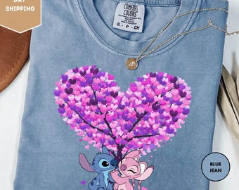 Comfort Colors Disney Stitch and Angel Shirt, Stitch Angel Love Tree Tee, Cute Disney Couple Valentine Shirt, Disney Love Shirt, Romantic