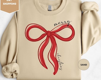 Christmas Coquette Bow Sweathirt, Christmas Vibes Sweatshirt, Christmas Sweater, Red Coquette Bow Sweatshirt, Xmas Gift for Her