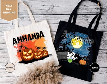 Personalized Halloween Tote Bag, Customized Pumpkin Witch Black Cat Tote Bag, Castle Skeleton Tote Bag, Ghost Canvas Tote Bag, Gift for Bag