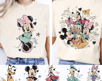 Retro 2 Sides Custom All Characters Mickey and Friends Signatures Shirt, Magical Shirt, Disney Characters Shirt, Customize Disney Characters