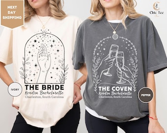 Comfort Colors Custom Witchy Bachelorette Shirt, Halloween Bachelorette Party Shirt, Witchy Bride Shirt, Bride and Coven Celestial Bach Tee