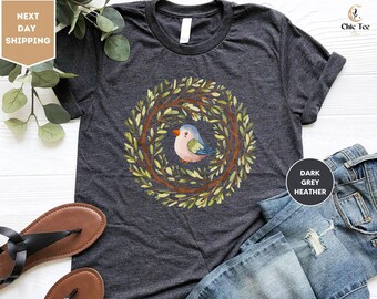Cute Bird Shirt, Cottagecore Aesthetic T-Shirt, Boho Style, Birdie Shirt, Floral T-Shirt, Botanical Tee, Gift for Her, Mother's Day Gift