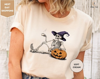 Cute Skeleton Pumpkin Halloween Shirt, Womens Skeleton Coffee Shirt, Ghost Shirt, Spooky Season, Coffee Lover Shirt, Halloween Party Shirt