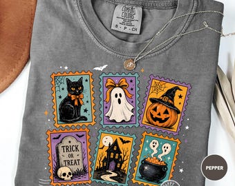 Comfort Colors Halloween-Shirt mit süßem Geist, Kürbis und Katze, Süßes Geister-Shirt, Süßes-oder-Saures-T-Shirt, Halloween-Shirt für Damen, Gruseliges Katzen-Shirt für den Herbst
