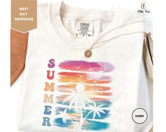 Comfort Colors Retro Sommer-Sonnenuntergangs-Palmenhemd, Sommer-Vibes-Hemd, Sommer-Strandhemd, Sommerhemd, Chasing Sunset Sommerurlaubshemd
