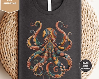 Octopus Shirt, Vintage Flower Patterns Floral Octopus Shirt ,Scuba Diving Shirt, Scuba Diver Shirt, Ocean Animal Lover, Shirt, Octopus Gifts