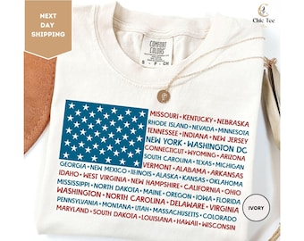 Comfort Colors American Flag States Shirt, Fourth of July Shirt, United States Shirt, July 4th Graphic Shirt, USA Shirts, Patriotic T-Shirts