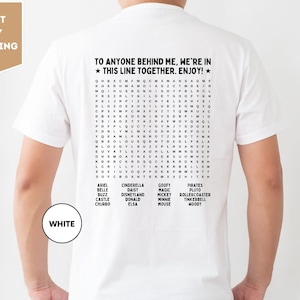 Funny Interactive, Disneyland T-Shirt, Fun Word, Search Puzzle on Back, Waiting in Line, Disneyland Ride, Disney world, Word Find, Line Game image 1