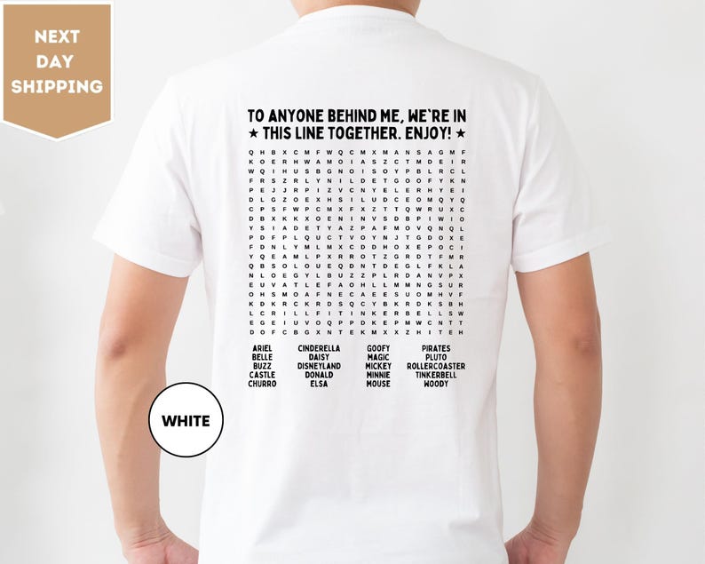 Funny Interactive, Disneyland T-Shirt, Fun Word, Search Puzzle on Back, Waiting in Line, Disneyland Ride, Disney world, Word Find, Line Game image 1