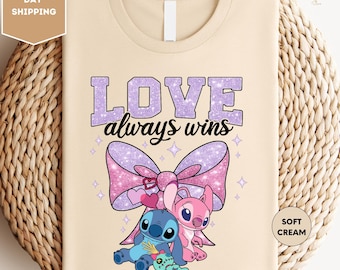Disney Love Always Wins Shirt, Stitch Angel Shirt, Cute Disney Couple Tee, Pink Glitter Bow Disney Shirt, Valentine Gift for Her