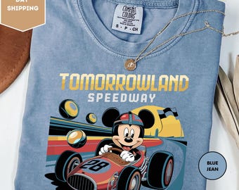 Comfort Colors Tomorrowland Speedway Racing Shirt, Disney Mickey Mouse and Car Shirt, Disneyland Magic Kingdom Family Holiday Vacation Trip