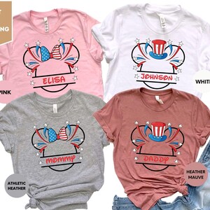 Maglietta personalizzata Disney per il 4 luglio, maglietta patriottica di Topolino e Minnie, regalo con nome personalizzato per il 4 luglio, Giorno dell'Indipendenza, magliette per famiglie americane