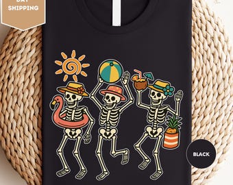 Funny Dancing Skeletons Shirt, Trendy Skeleton Shirt, Cute Summer T-Shirt, Funny Summer Beach Skeleton Shirt, Beach Shirt, Funny Beach Shirt