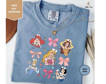Comfort Colors Coquette Bows Disney Princesses Nurse Shirt, Nursing School Shirt, Disney Nurse Shirts, Women Disney Trip Shirt, Disney Shirt