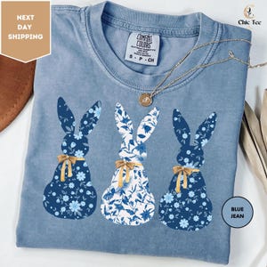 Comfort Colors Floral Blue Bunny T-shirt, Cute Easter Coquette Bow Shirt, Bunny Easter Day Gift, Coquette Easter Bunny Tshirt, Bunny Shirts
