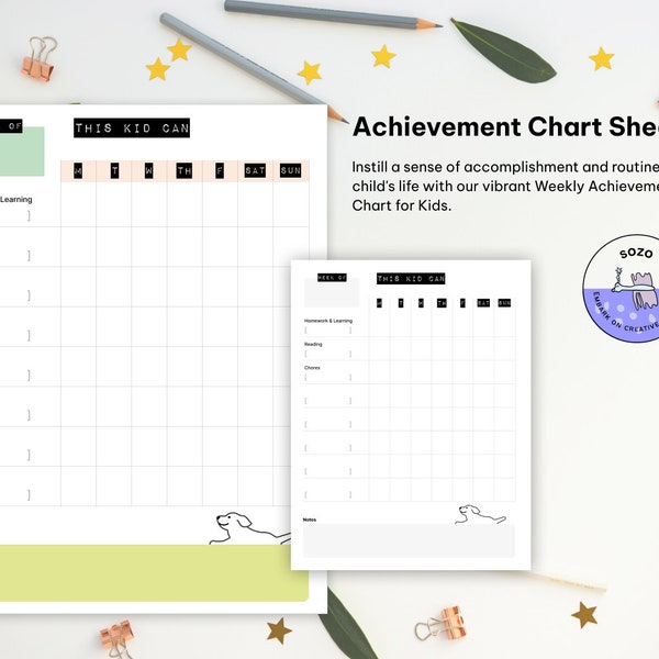 PDF Letter-size Printable Weekly Achievement Chart for Kids | Homework, Reading, Chores | Digital Download | Routine and Motivation for Kids