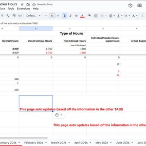 May include: A spreadsheet titled "Associate Therapist Clinical Tracker Hours" with data fields for tracking hours. The sheet includes sections for overall hours, direct clinical hours, and supervision details. Text in red states "This page auto updates based off the information in the other TABS."