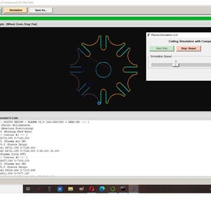 May include: A computer screen displaying the Soltys Design DXF to G-Code Plasma v2.9 software interface. The window shows a black background with a colorful, gear-shaped vector geometry preview, a simulation control panel, and G-code text.