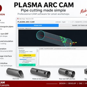 Könnte beinhalten: Plasma Arc Cam Software-Oberfläche für Rohrschneiden mit 3D-Simulationsfenster, G-Code-Generierungssteuerung und Symbolen für die Bearbeitung von Rund- und Vierkantrohren. Darunter Beispiele für Metallrohre mit verschiedenen Schnittmustern.
