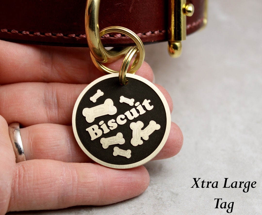 Brass Pet ID Tag, Biscuit Pet Tag, Custom Engraved Dog Collar Tag, Deep