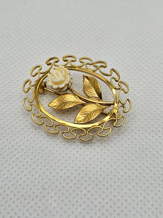 Vintage 12k Gold Filled Carved White Rose Brooch - image 1