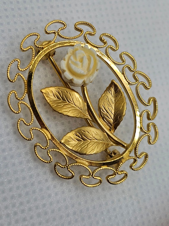 Vintage 12k Gold Filled Carved White Rose Brooch - image 3