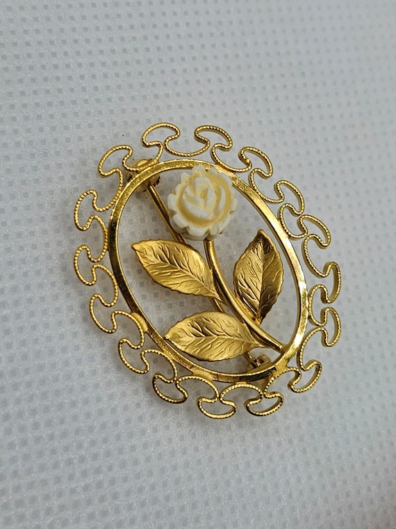 Vintage 12k Gold Filled Carved White Rose Brooch - image 2