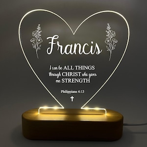 Bible Verse Custom Acrylic Heart Night Light | Personalized Bedroom LED Decor Sign | Light up Sign | Christmas Gift Christian |Birthday Gift