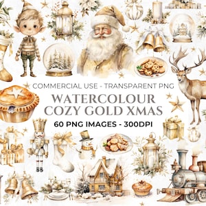 60 clipart de Natal aconchegante em aquarela, Natal dourado, elementos para artesanato de Natal, clipart de férias, Natal neutro, uso comercial